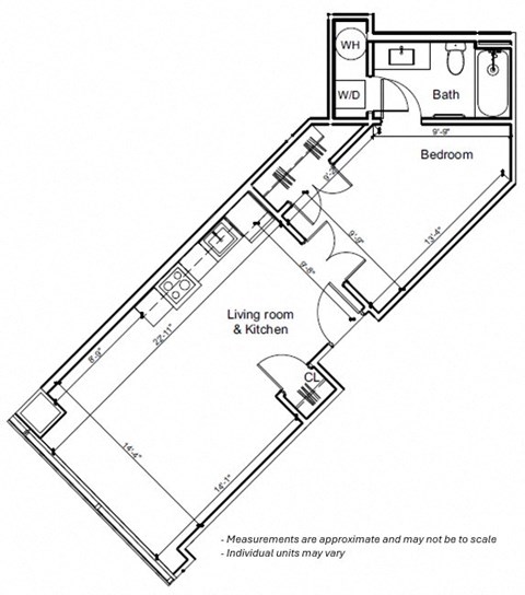 Floor plan for 1 bed, 1 bath, 607 sqft